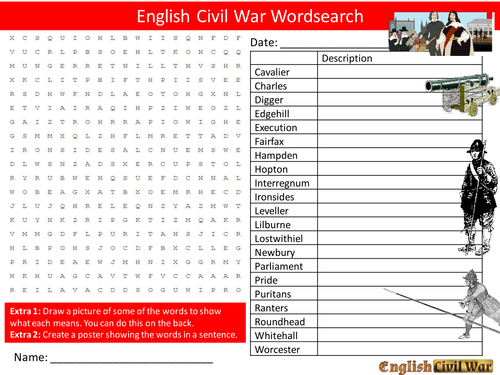 The English Civil War Wordsearch History Starter Settler Activity Homework Cover Lesson