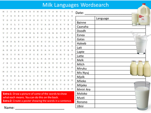 Milk In Different Languages Wordsearch World Language Day Starter Settler Activity Cover Lesson Teaching Resources