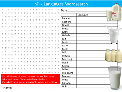 Milk in Different Languages Wordsearch World Language Day Starter Settler Activity Cover Lesson