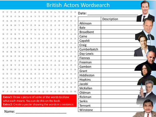 Famous British Actors Wordsearch Drama Starter Settler Activity Homework Cover Lesson