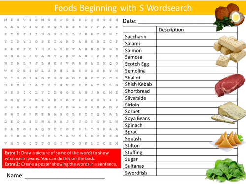 Foods Beginning with S Wordsearch Food Technology Starter Settler Activity Homework Cover Lesson
