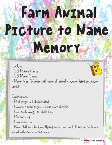 Farm Animal Picture and Name Memory
