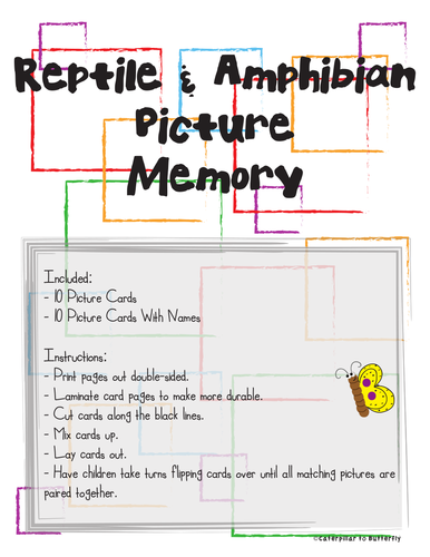 Reptile and Amphibian Memory (Match Picture to Picture with Name)