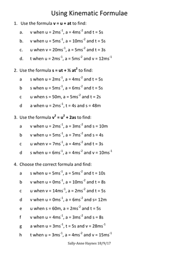 Using Kinematic Formulae worksheet | Teaching Resources