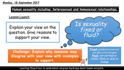 Human sexuality: heterosexual and homosexual relationships.