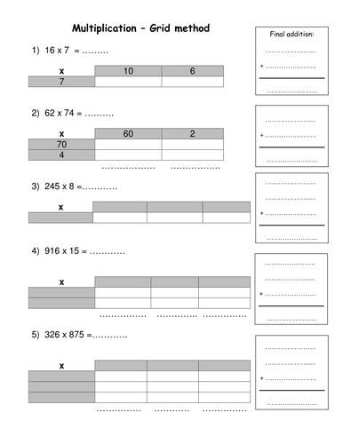 Multiplication - Grid Method - Starter