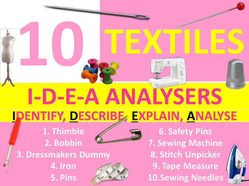 10 IDEA Analysers Textiles Equipment Design Technology KS3 GCSE Keyword Starters Settlers Cover
