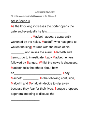 Macbeth Act 2 Scene 3 plot summary cloze exercise