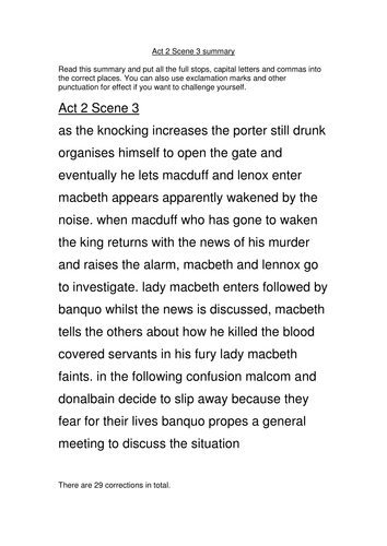 Macbeth Act 2 Scene 3 summary punctuation task