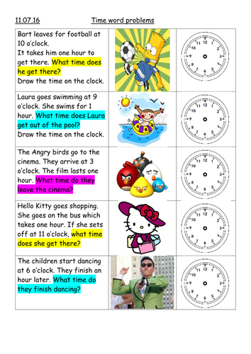 Time - word problems - Year 1
