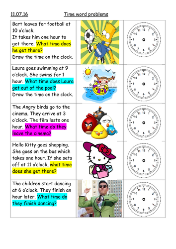 time word problems year 1 teaching resources