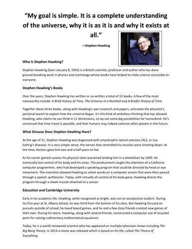 KS2 Reading Comprehension: Stephen Hawking