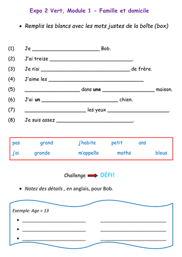 Expo 2 Vert - Year 8 French - Module 1 'Salut' Famille et Domicile. 5 resources for a full lesson.
