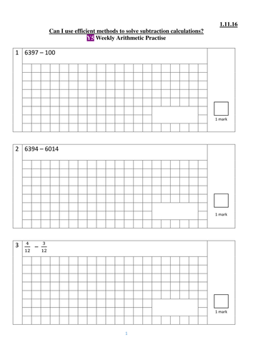 Subtraction Arithmetic Practice Papers (editable, with answers) -  Year 5 & Year 6