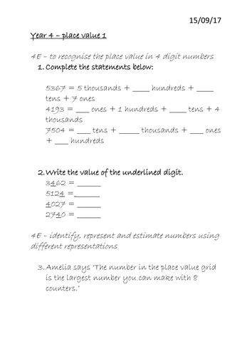 Maths Assessment - Year 4 - Place Value 4 digit numbers