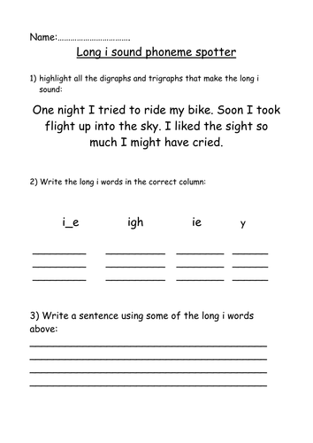 Phoneme Spotter worksheet long i sound (igh, i_e, ie and y)