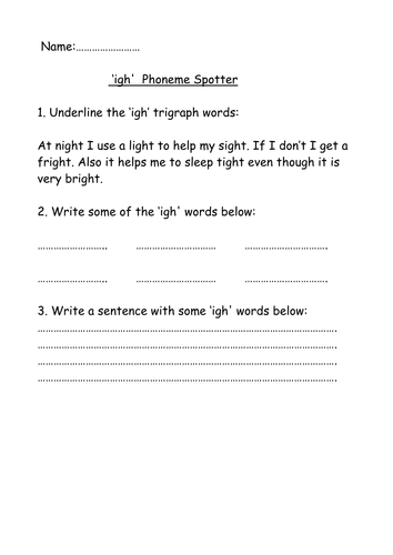 igh Phoneme Spotter Worksheet