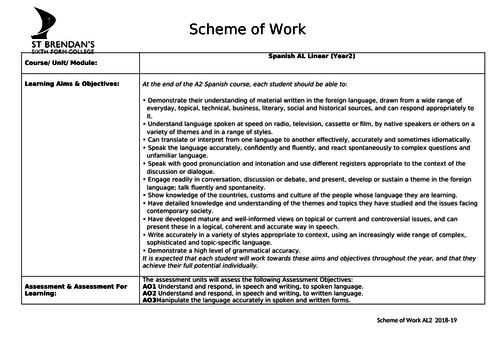 AL2 Spanish Scheme of work 2018-19