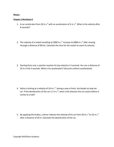 Motion Worksheets (Calculating Velocity, Acceleration, Distance and Time)