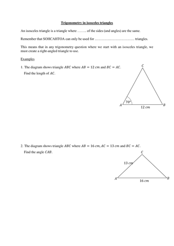 Worksheet on using trigonometry (SOHCAHTOA) in isosceles triangles