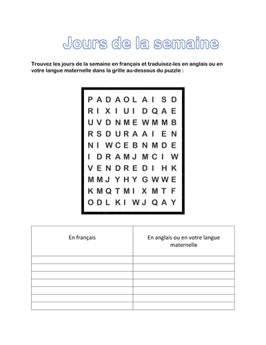 French: Days of the week wordsearch