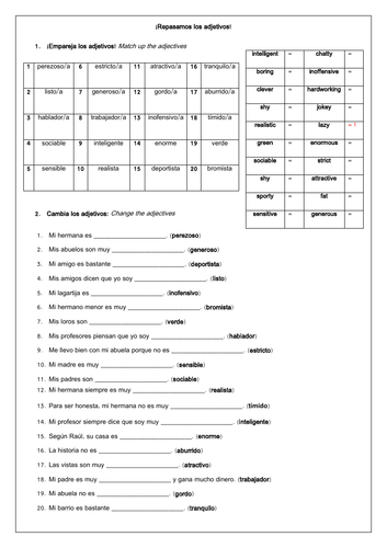 Spanish KS3 GCSE Adjectives: Agreement Revision & Practice Worksheet