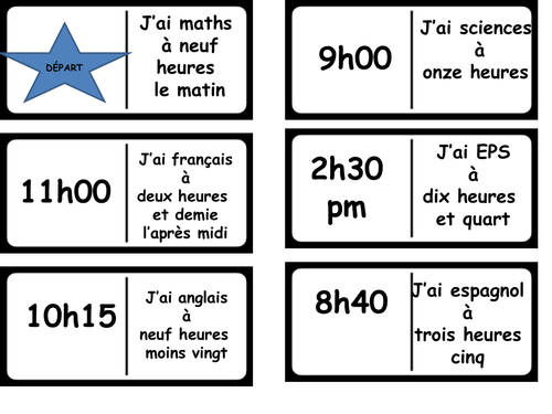 A domino game on time/linked to school subjects in French