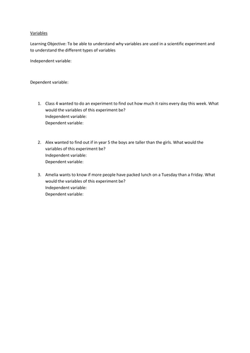 Variables worksheet | Teaching Resources