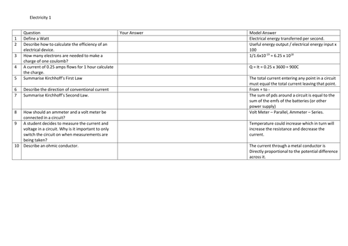 AQA Alevel Physics - 10 Quick Questions - Electricity