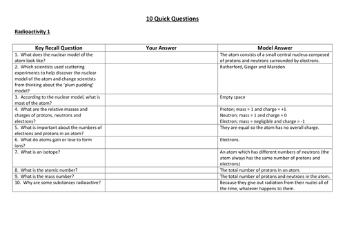 AQA GCSE Science - 10 Quick Factual Recall Questions - Radioactivity, Fission and Fusion