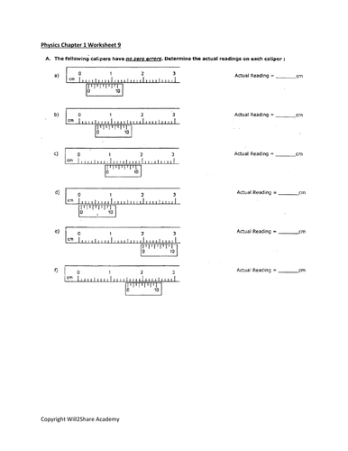 Vernier Caliper, Micrometer Screw Gauge and Zero Error Correction Worksheets and Answers