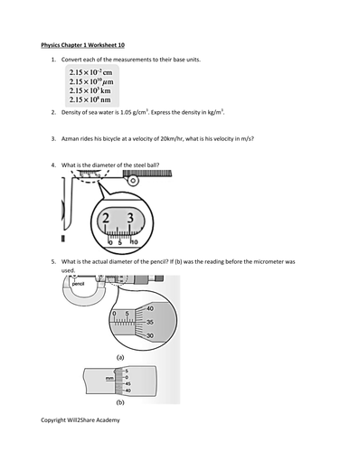 Complete Unit Conversion, Prefixes, Density, Micrometer and Vernier Caliper Worksheets and Answers