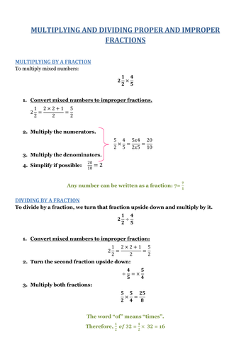 MULTIPLYING AND DIVIDING PROPER AND IMPROPER FRACTIONS. With Answers.