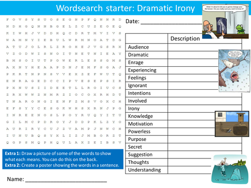 Drama Dramatic Irony Keyword Wordsearch Crossword Anagrams Brainstormer Starters Settlers