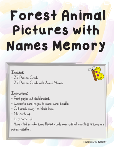 Forest Animal Pictures with Names Memory