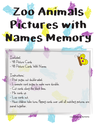 Zoo Animal Pictures with Names Memory
