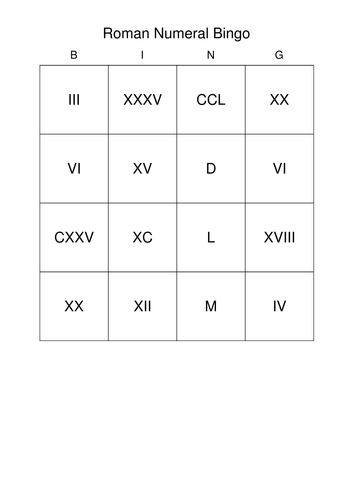 Roman Numerals Bingo Cards