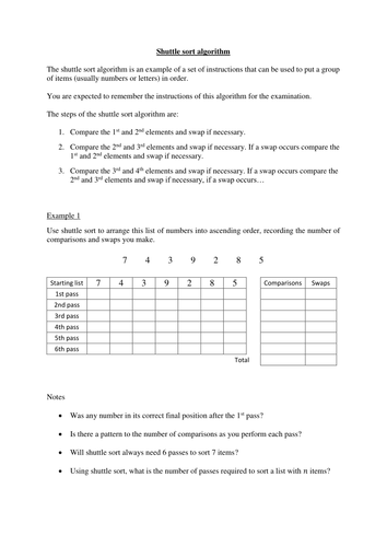 Resources to teach and practise shuttle sort (Decision maths D1 - OCR 4736)