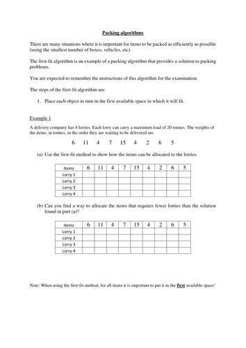 Resources to teach and practise first-fit algorithm (Decision maths D1 - OCR 4736)