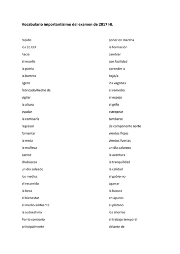 Leaving Cert 2017 Spanish HL Vocab