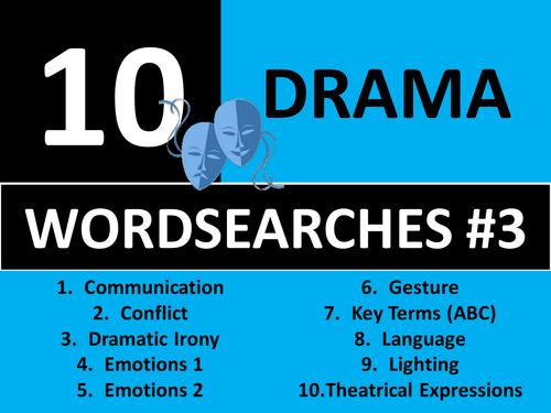 10 x Drama Wordsearches #3 Starter Activities GCSE KS3 Keyword Cover Plenary Wordsearch