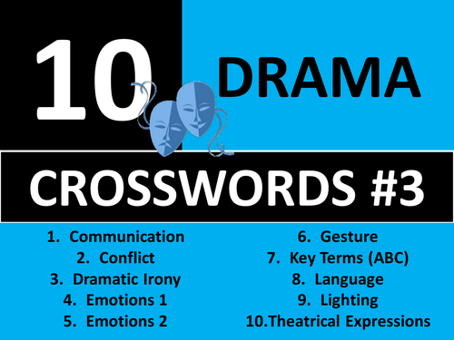 10 x Drama Crosswords #3 Starter Activities GCSE KS3 Keyword Cover Plenary Crossword