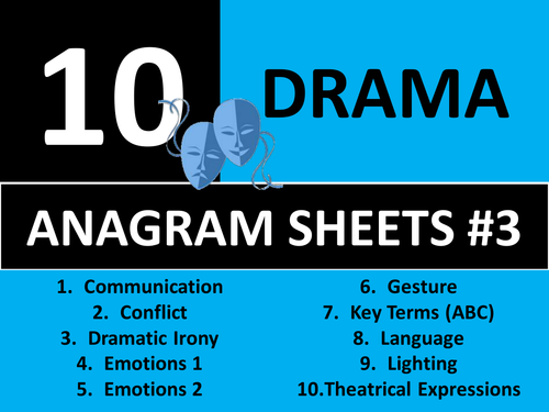 10 x Drama Anagram Sheets #3 Starter Activities GCSE KS3 Keyword Cover Plenary Anagrams