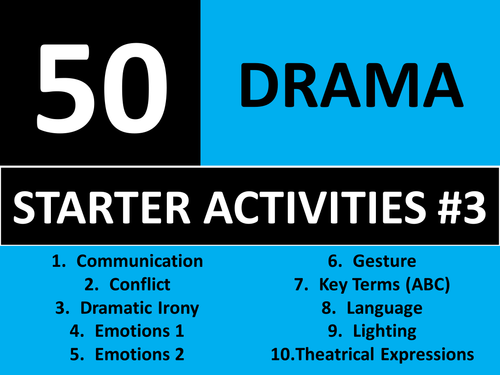 50 x Drama Starters #3 Wordsearches Crossword Alphabet Brainstorm GCSE KS3 Keyword Homework Cover