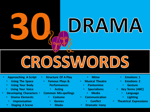 30 x Drama Crosswords Starter Activities GCSE KS3 Keyword Cover Plenary Crossword Settlers