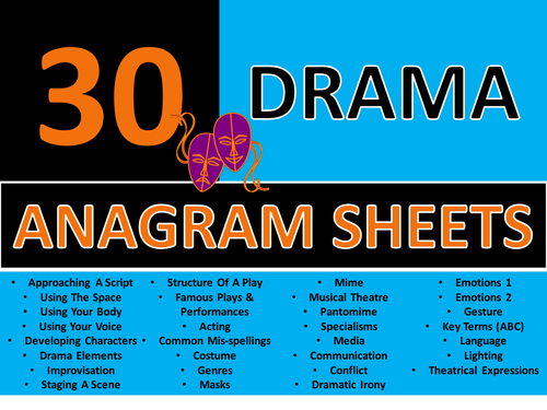 30 x Drama Anagram Sheet Starter Activities GCSE KS3 Keyword Cover Plenary Anagrams Settlers