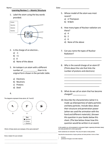 Learning review for atomic structure