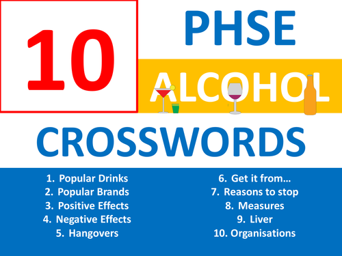 10 x Alcohol Awareness PSHE PHSE Crosswords Keyword Starters Crossword Settler Cover Lesson Hwk