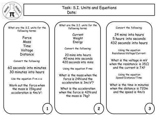Science Skill Task on Units and Equations