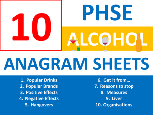 10 x Alcohol Awareness PSHE PHSE Anagram Sheets Keyword Starters Settler Cover Lesson Hwk